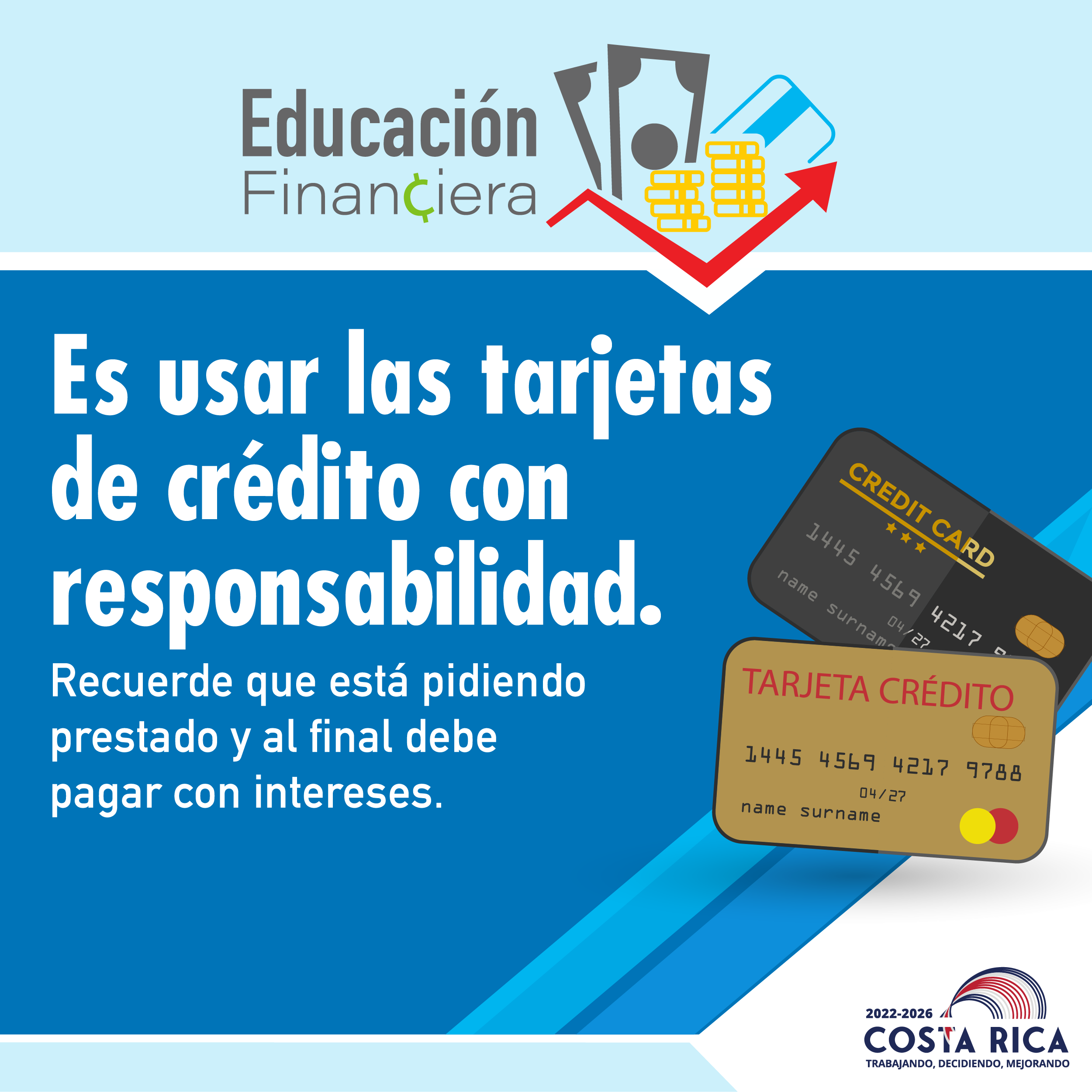 Primera parte: fondo celeste flecha roja hacia la derecha con billetes, monedas y tarjeta y la palabra Educación Financiera. Segunda parte: fondo azul texto en blanco con el siguiente consejo: es usar las tarjetas de crédito con responsabilidad. Recuerde que está pidiendo prestado y al final debe pagar con intereses. Tercera parte: ilustración de dos tarjetas de crédito.