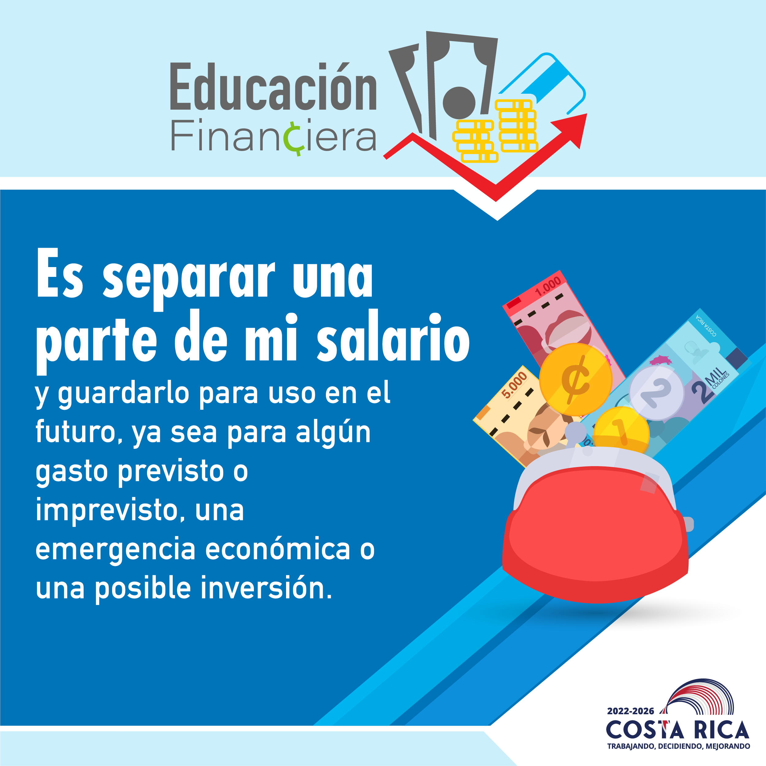 Primera parte: fondo celeste flecha roja hacia la derecha con billetes, monedas y tarjeta y la palabra Educación Financiera. Segunda parte: fondo azul texto en blanco con el siguiente consejo: es separar una parte de mi salario y guardarlo para uso en el futuro, ya sea para algún gasto previsto o imprevisto, una emergencia económica o una posible inversión. Tercera parte: ilustración de un zapato almacenando monedas y billetes.