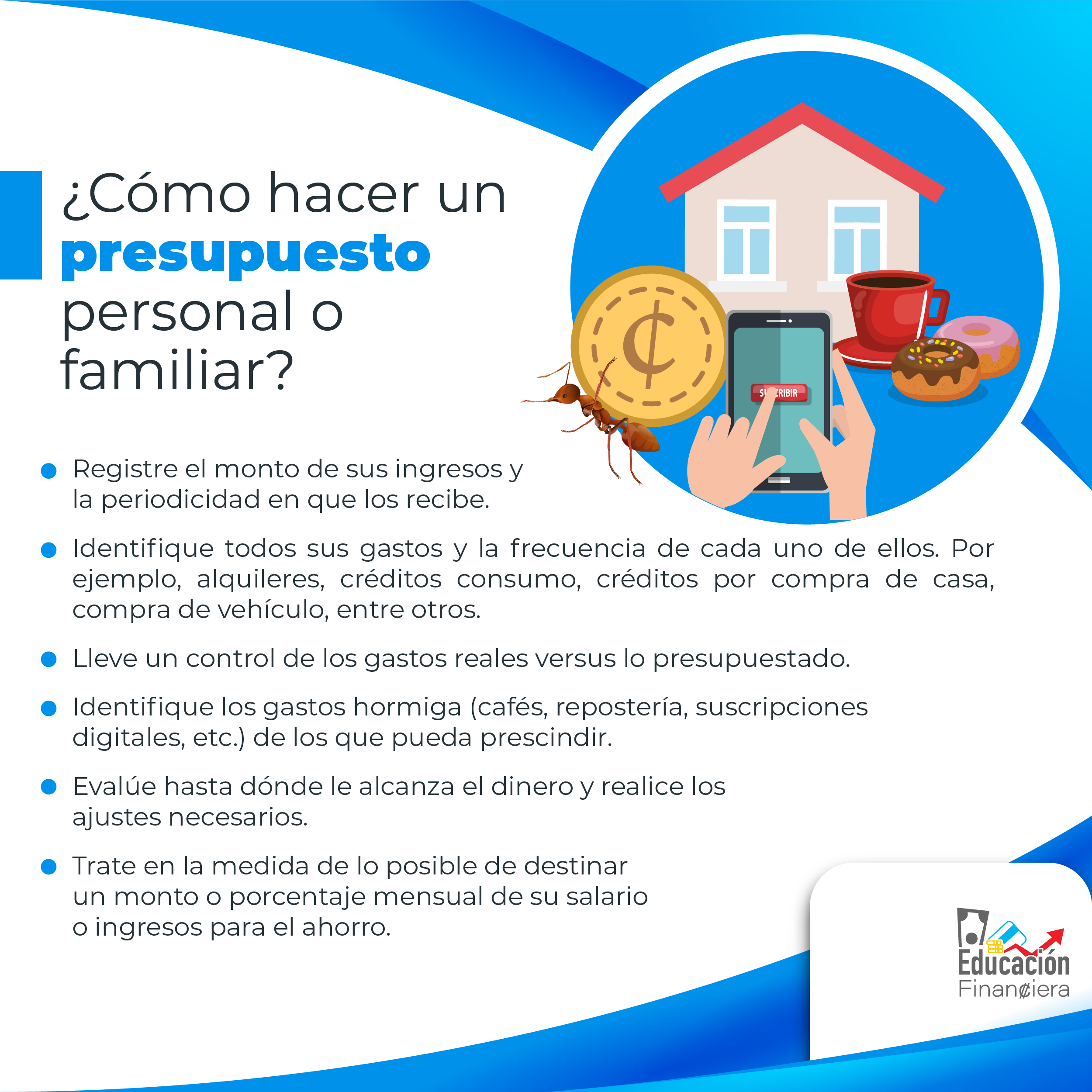 Una casa, un celular, una hormiga cargando una moneda, una tasa de café y dos donas, con el siguiente consejo financiero: ¿Cómo hacer un presupuesto personal o familiar?. Registre el monto de sus ingresos y la periodicidad en que los recibe. Identifique todos sus gastos y la frecuencia de cada uno de ellos. Por ejemplo, alquileres, créditos consumo, créditos por compra de casa, compra de vehículo, entre otros. Lleve un control de los gastos reales y lo presupuestado. Identifique los gastos hormiga (cafés, repostería, suscripciones digitales, etc.) de los que pueda prescindir. Evalúe hasta dónde le alcanza el dinero y realice los ajustes necesarios. Trate en la medida de lo posible de destinar un monto o porcentaje mensual de su salario o ingresos para el ahorro.