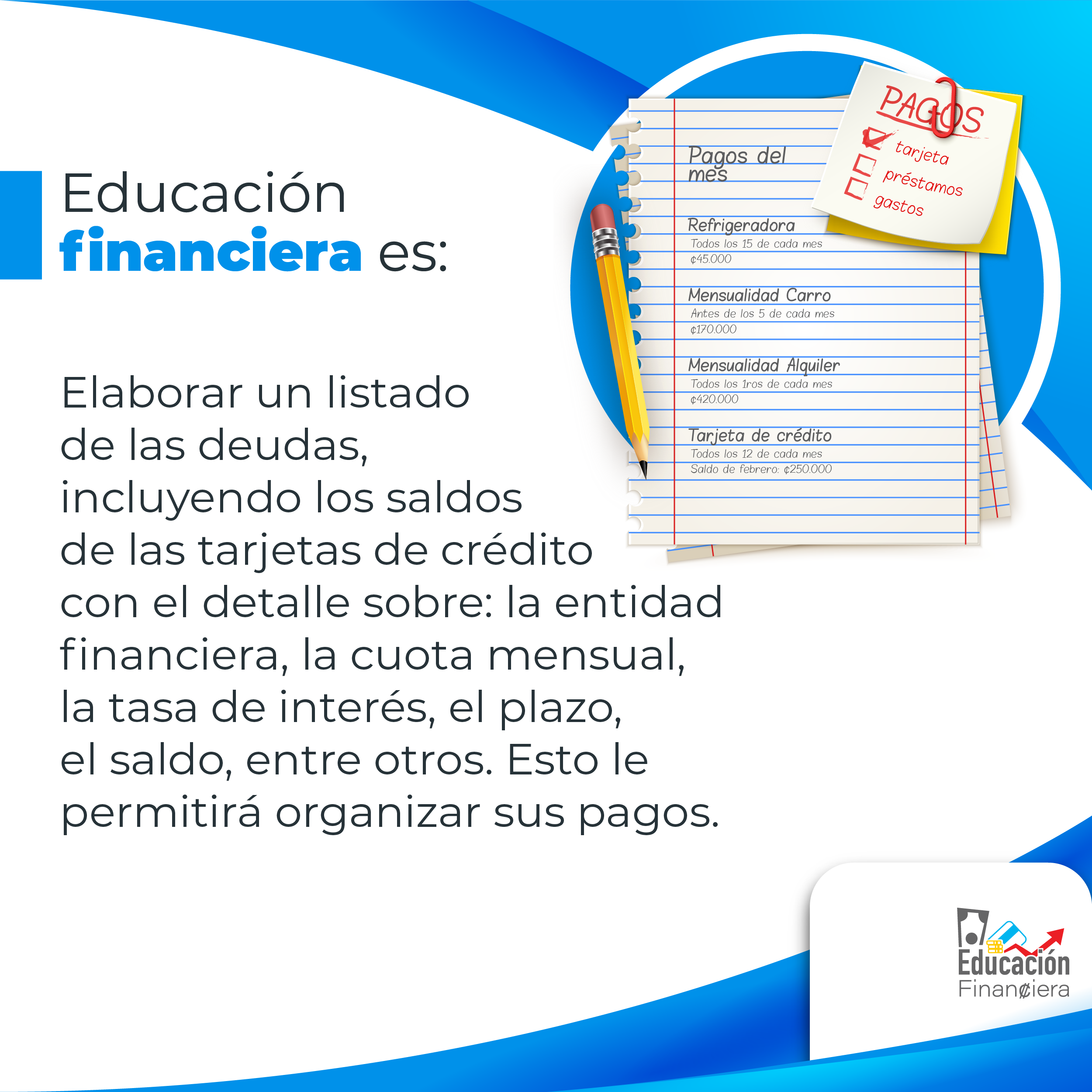 Educación financiera es elaborar un listado de las deudas